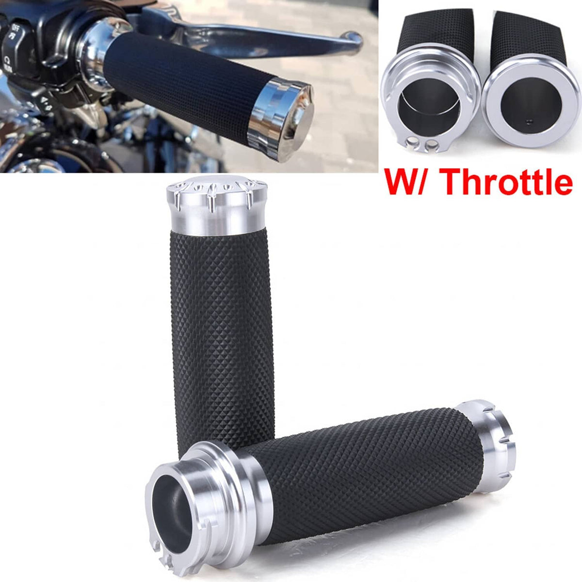 Motorcycle handlebar grips set, black textured rubber with chrome end collars