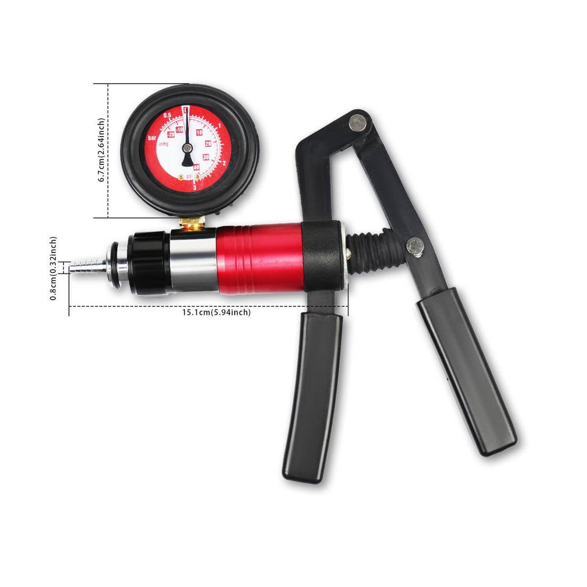 Vacuum pump tester dimensions view: red cylinder, dial gauge, and black handles