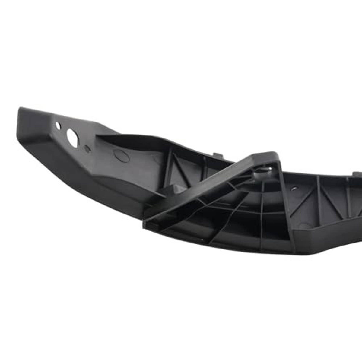 Black bumper support bracket end with mounting holes, inner ribbing, and clip points