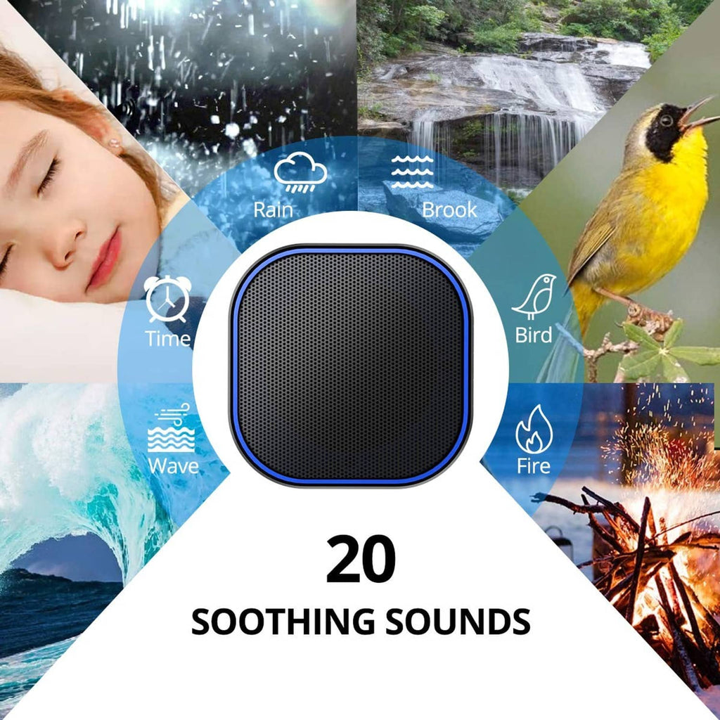 Black sound machine with circular speaker grille and blue light ring