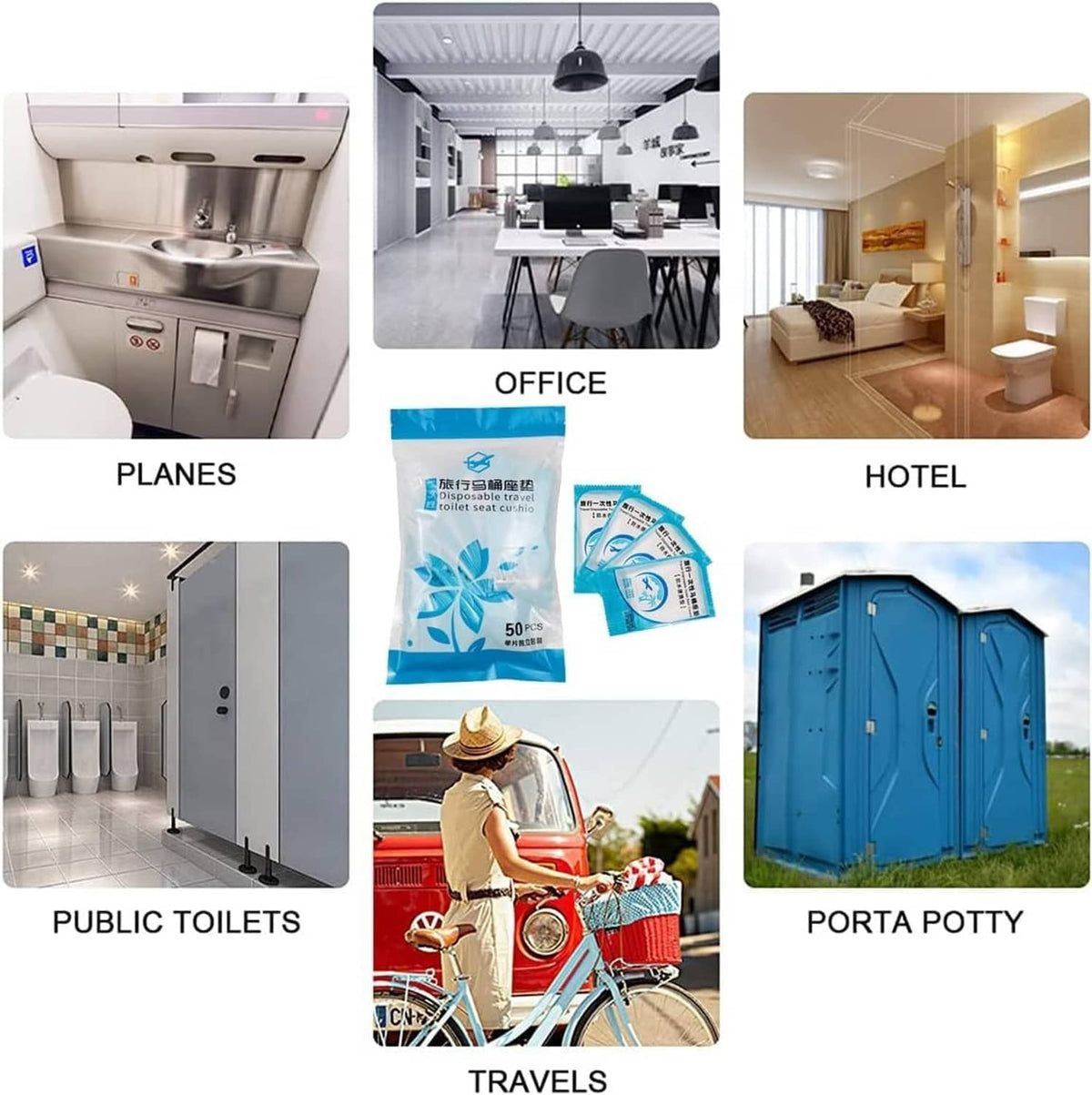 Disposable toilet seat covers for travel, planes, hotels, and public restrooms