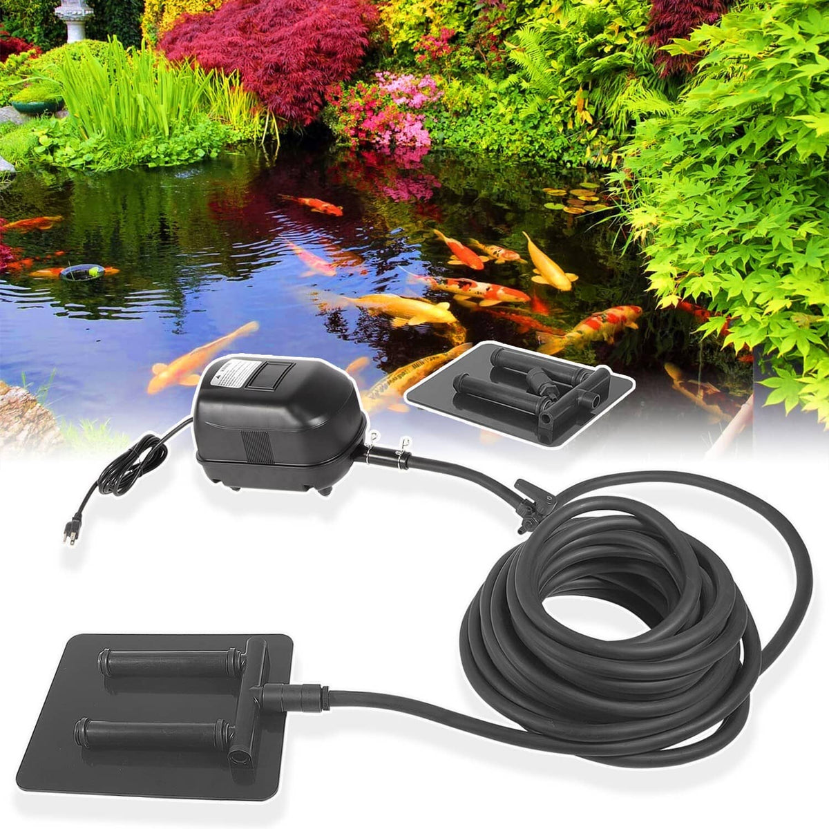 Pond aeration kit with air pump, tubing, and weighted diffusers