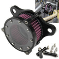 Black air cleaner intake filter housing with purple/red pleated filter and mounting bolts