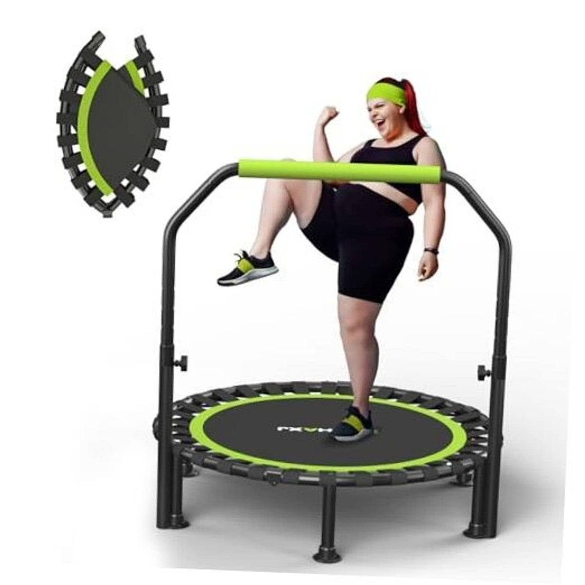 Foldable mini trampoline with black frame and green jumping mat, handlebar and safety springs