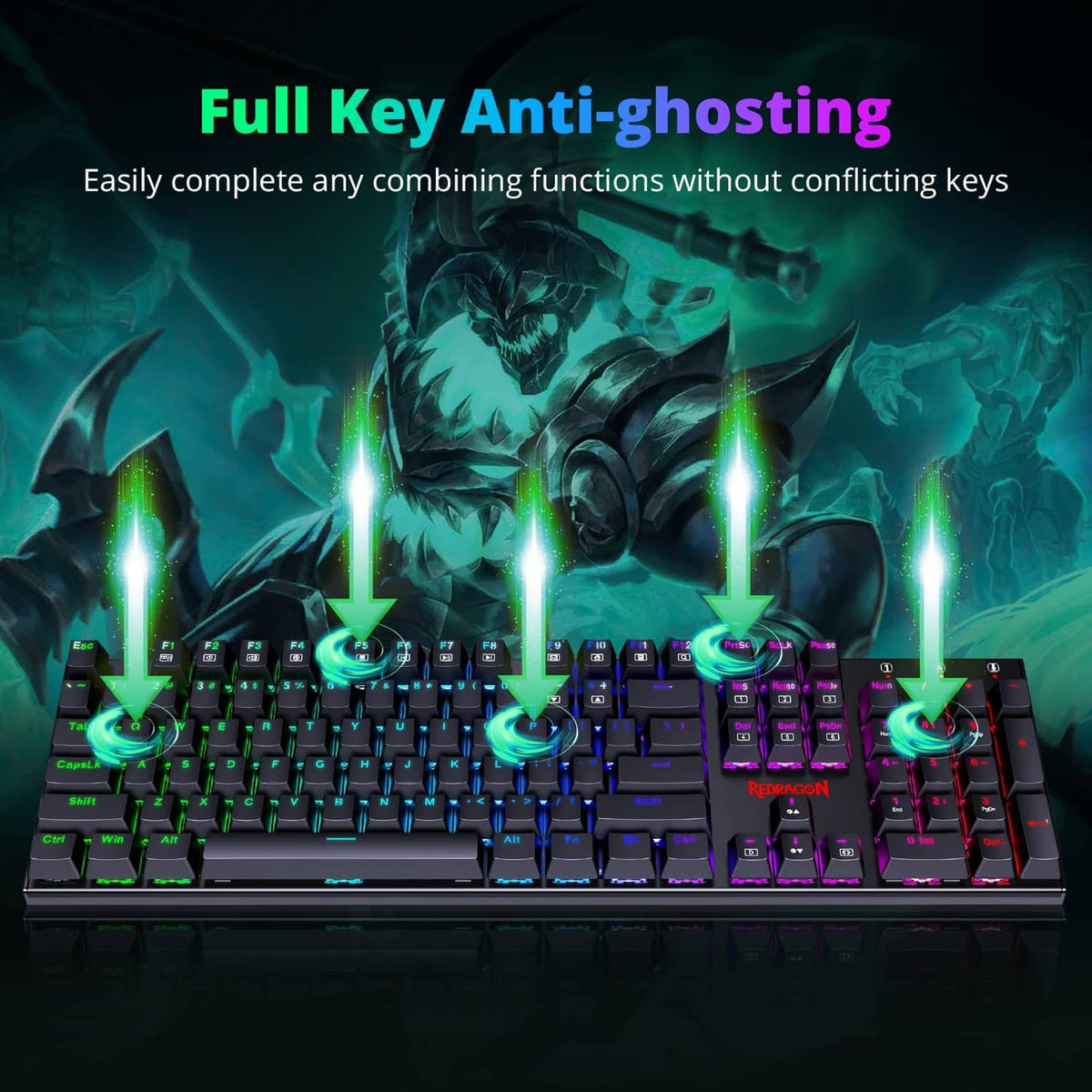 RGB mechanical keyboard with full key layout and glowing green anti-ghosting indicators
