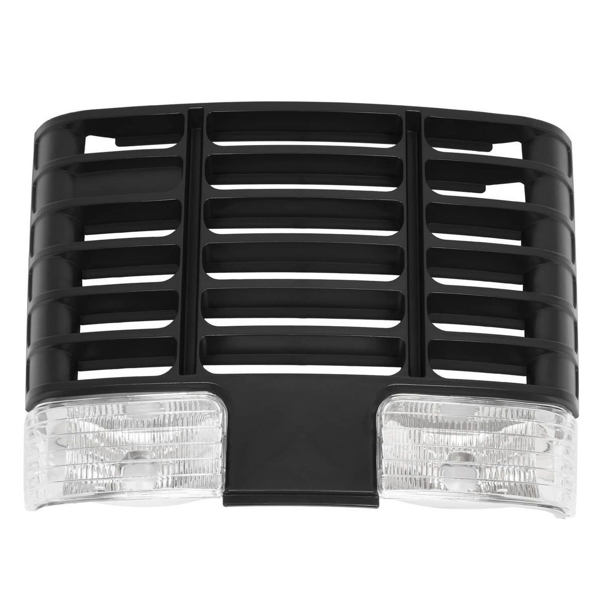 Black ABS grille with vented center panel and two clear rectangular headlight lenses