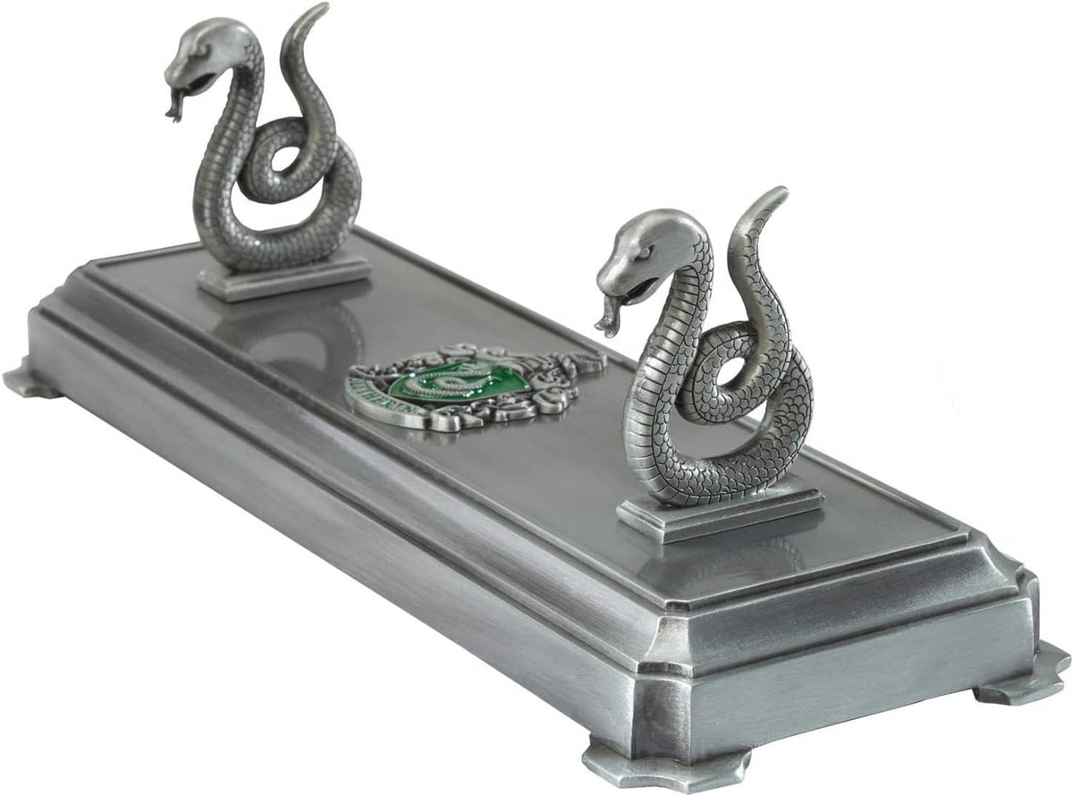 Harry Potter Slytherin wand stand with two silver serpent holders and green crest