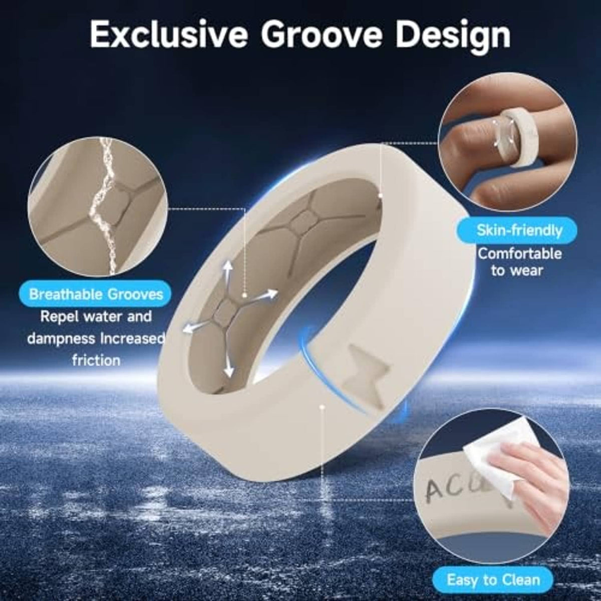 Cream Oura ring cover with grooved, star-texture surface for a snug, comfortable fit