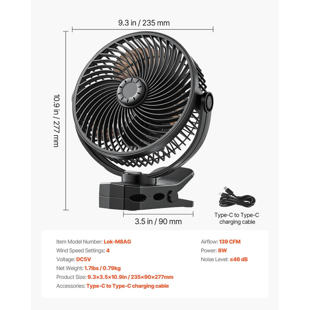 Black portable USB fan with circular grille, clamp, and included USB-C cable