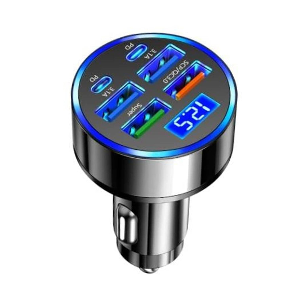 Car USB-C PD charger with 6 ports and blue LED voltage display, black and silver