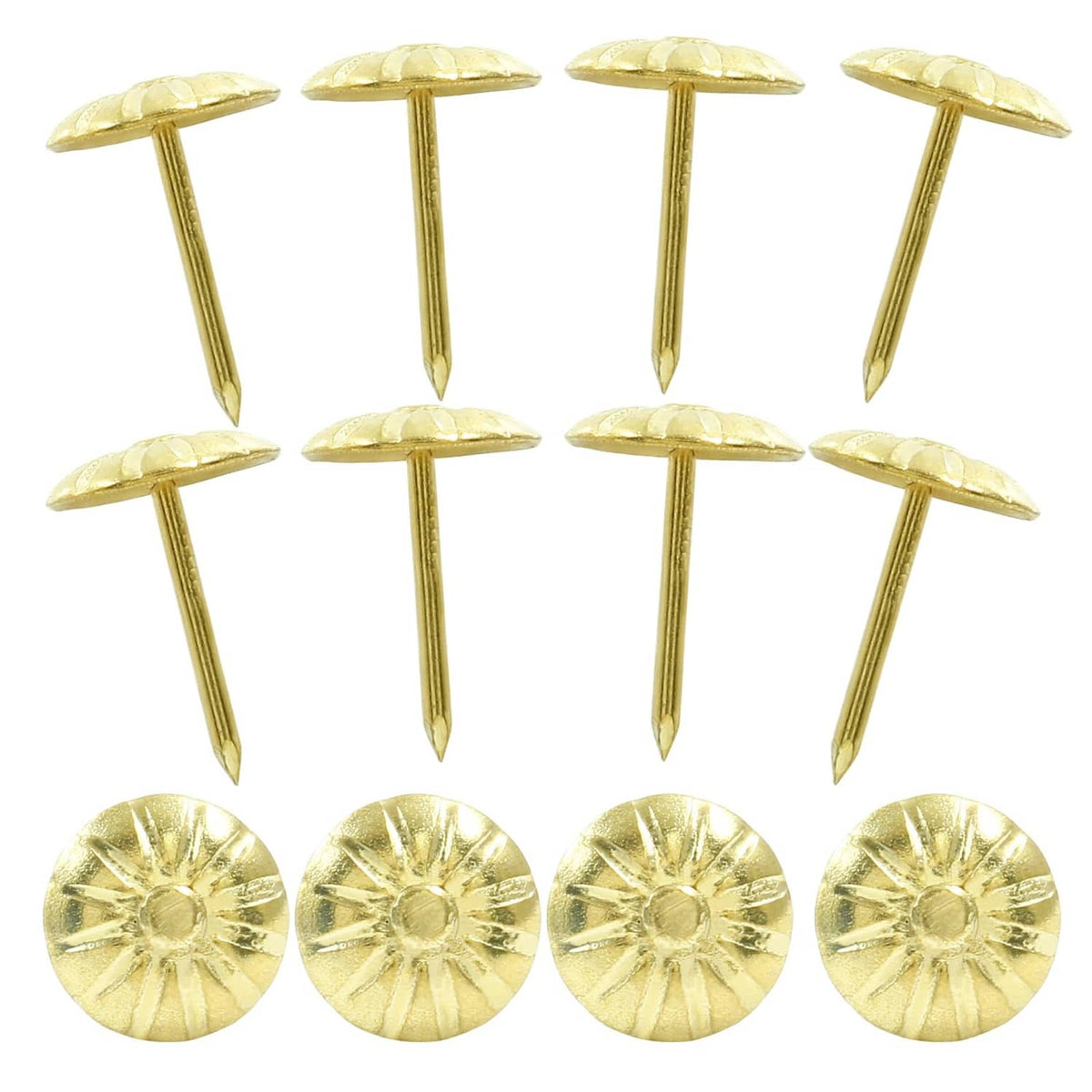 Antique gold brass upholstery tacks with round star caps, assorted pieces shown