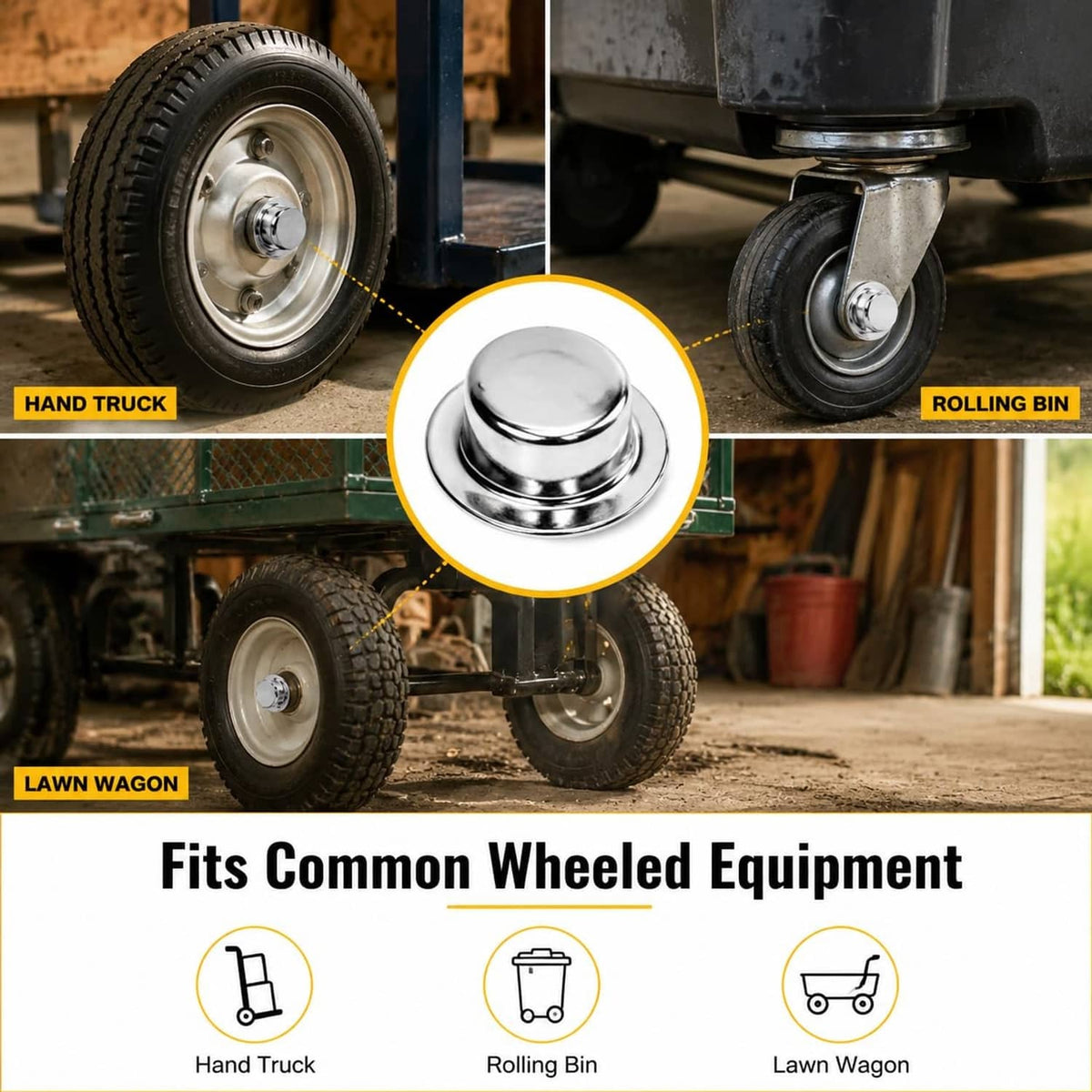 Single silver top-hat pushnut axle cap shown, for common wheeled equipment