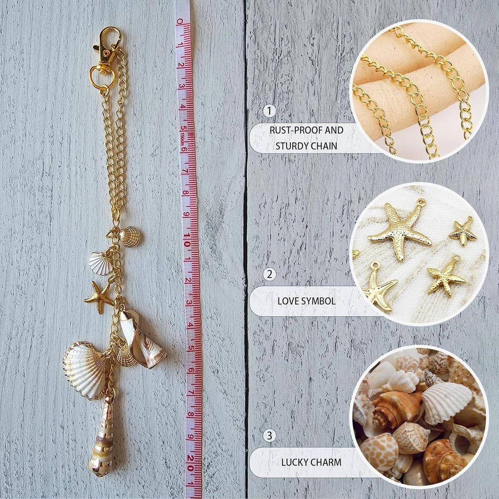 Gold sea shell car hanging charm with starfish and conch shell plus crystal beads