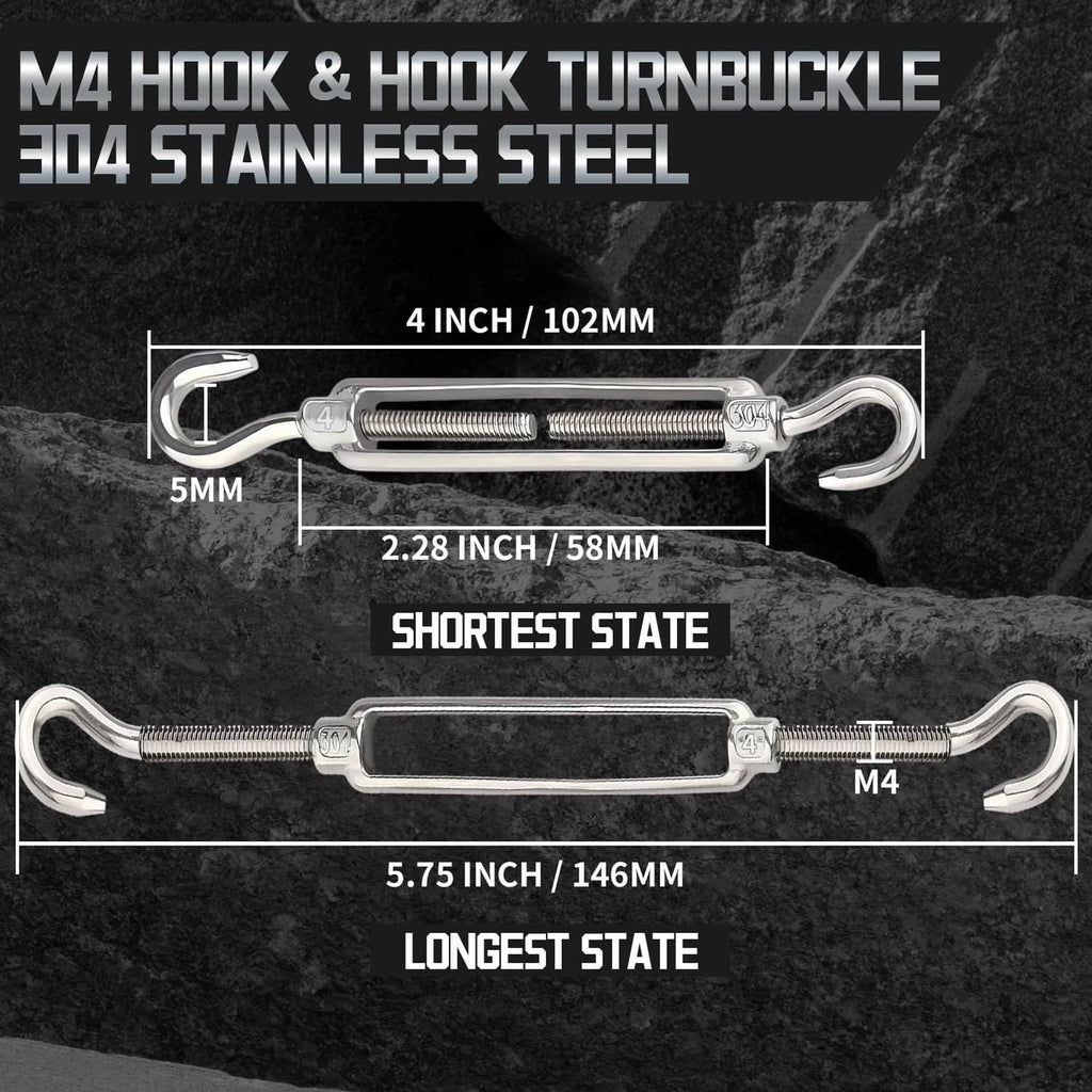 M4 stainless steel turnbuckle with dual eye hooks and spring-threaded middle