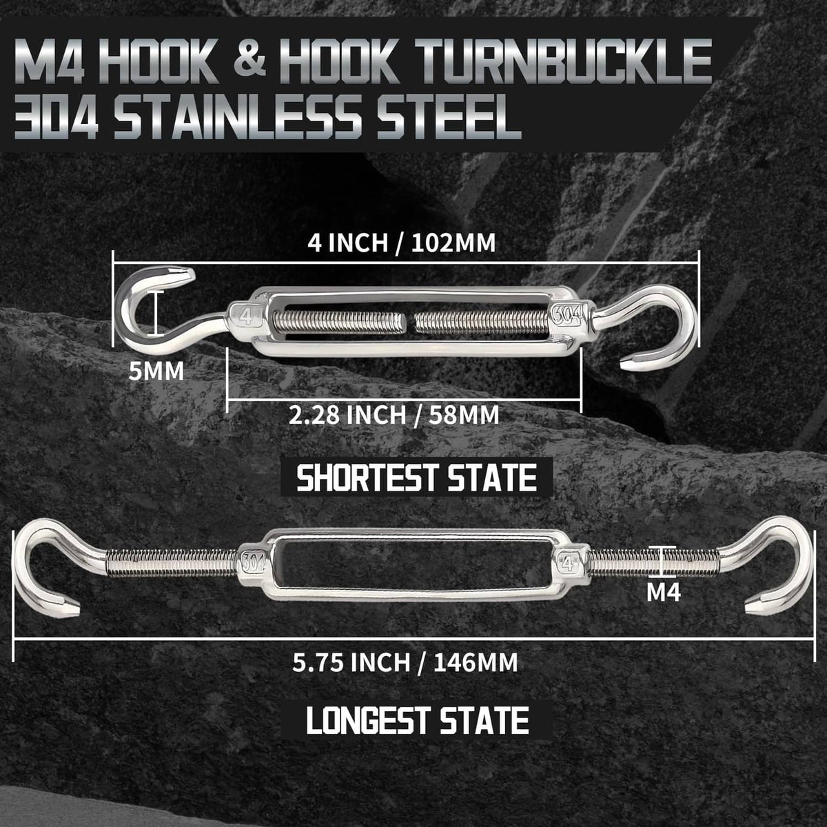 M4 stainless steel turnbuckle with dual eye hooks and spring-threaded middle