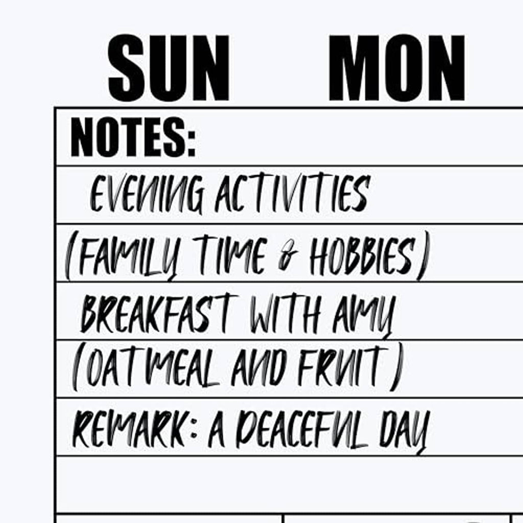 Calendar notes section listing evening activities and family time