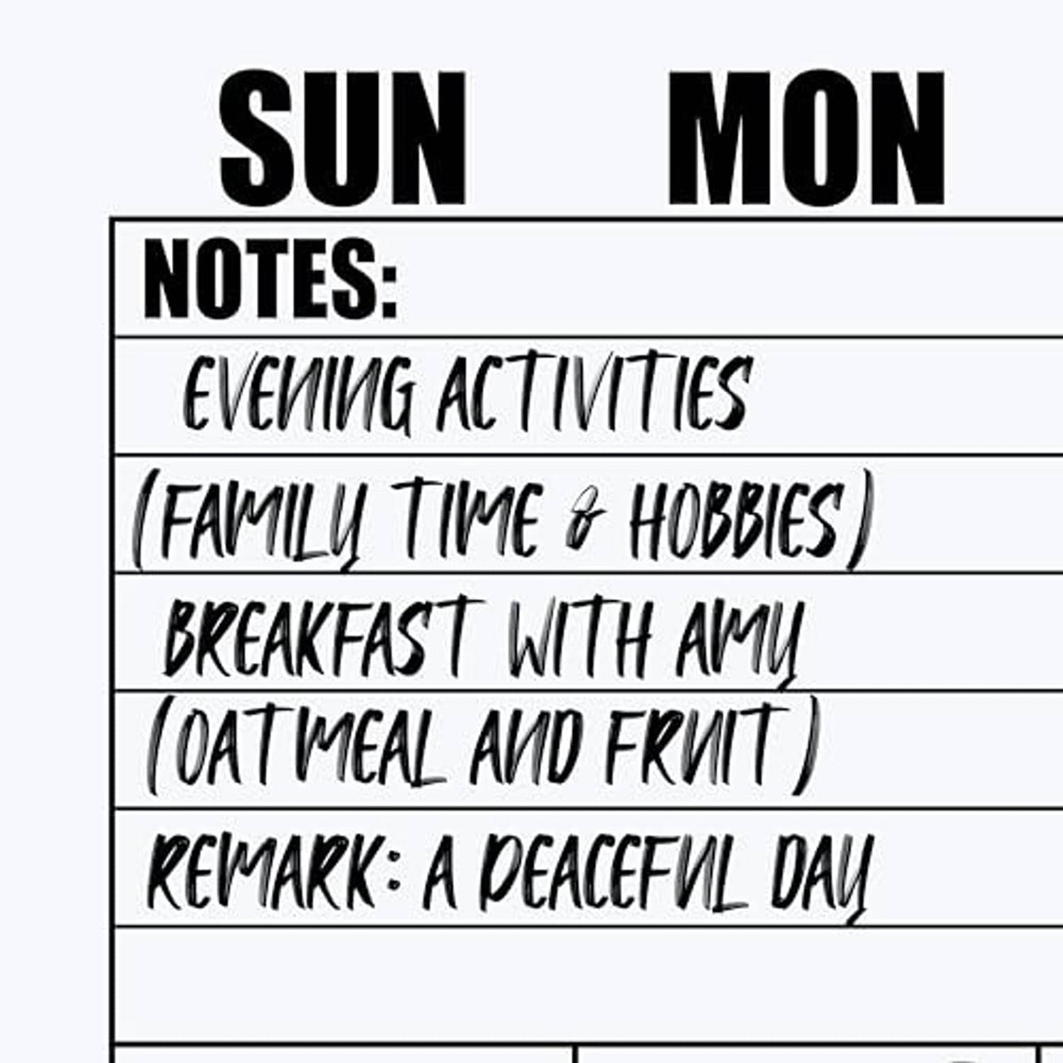 Calendar notes section listing evening activities and family time