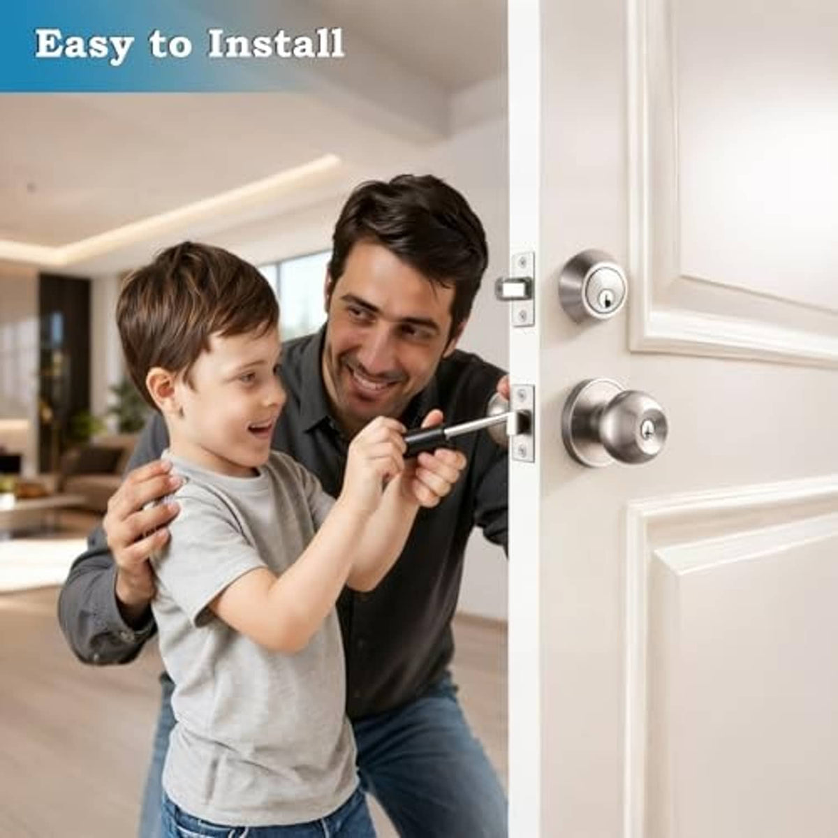 Silver round door knob and deadbolt entry lock with keys, easy-grip design