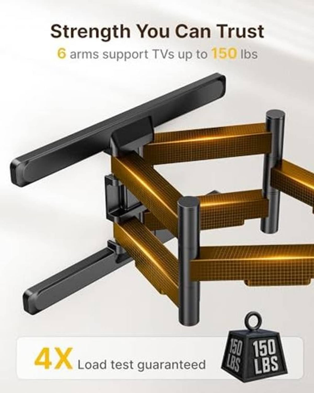 Black full-motion TV mount with reinforced arms and tested load tags for strength