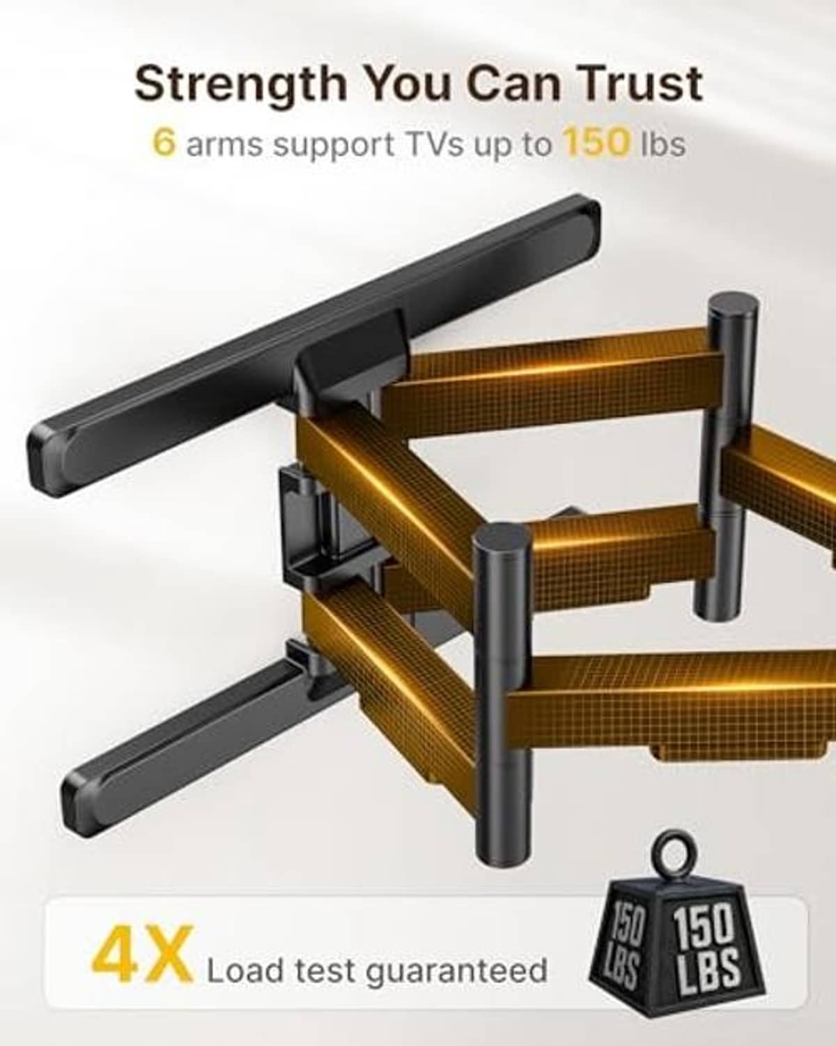 Black full-motion TV mount with reinforced arms and tested load tags for strength
