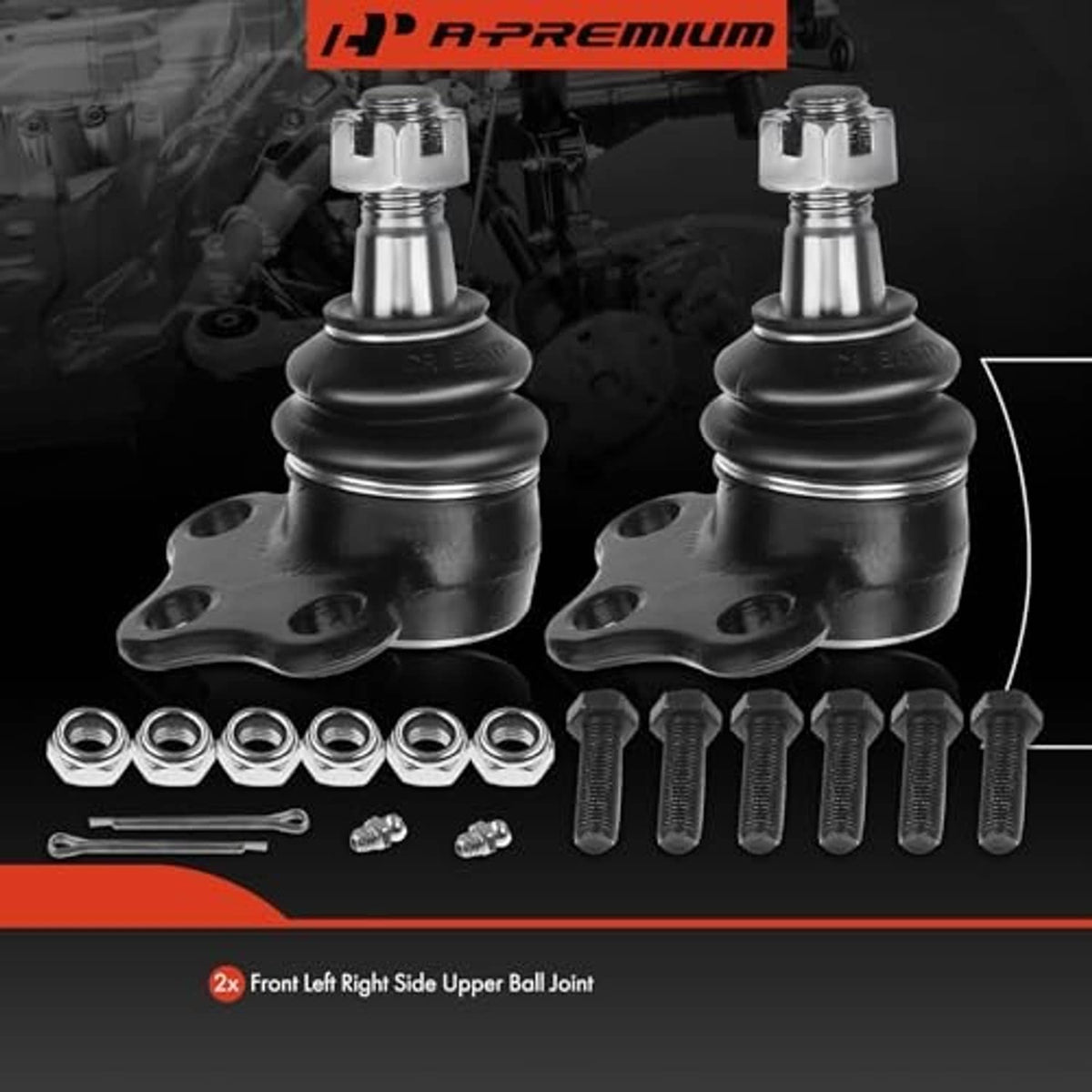 Pair of front upper ball joints with mounting hardware kit and black rubber boots