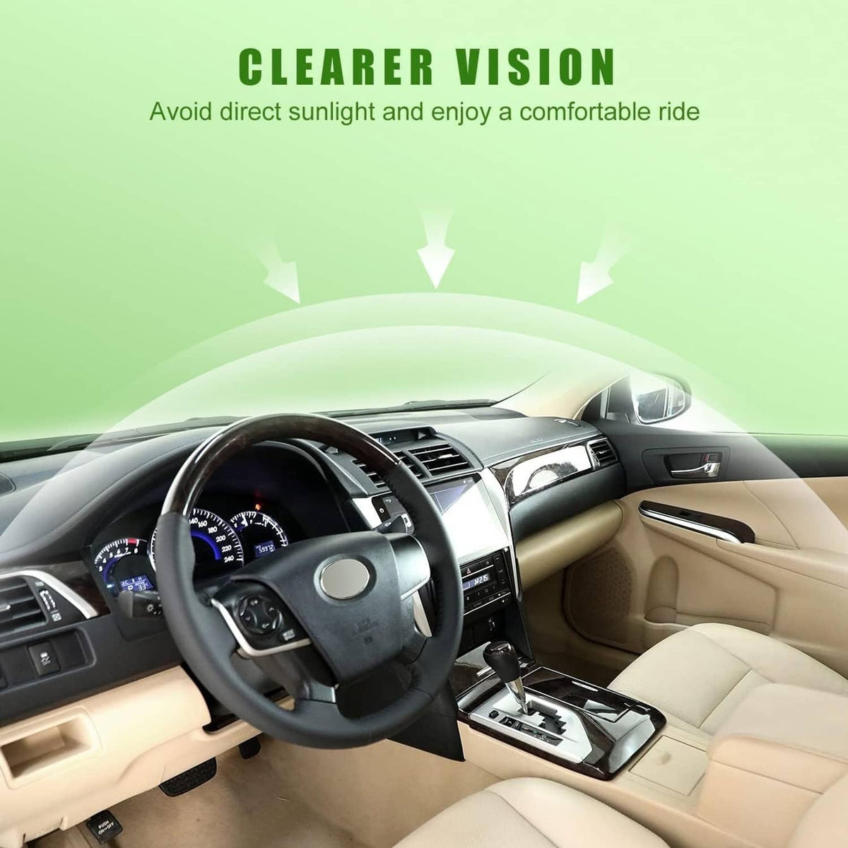 Beige sun visor insert shown in vehicle interior position for left driver side