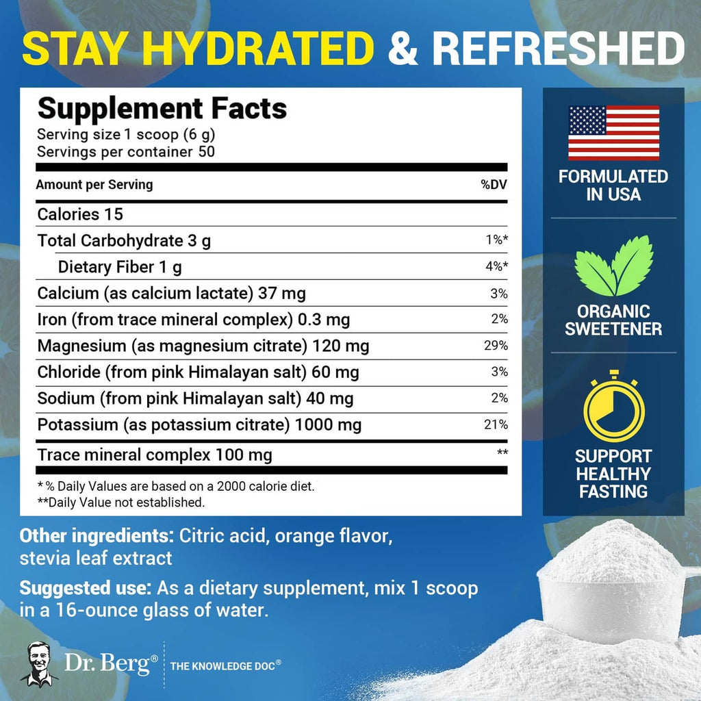 Dr. Berg electrolyte powder jar with Supplement Facts panel and serving directions