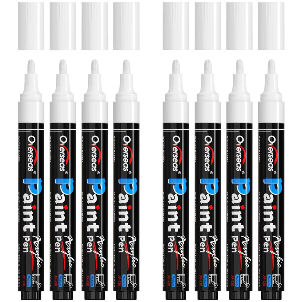 Overseas acrylic paint markers, white 8-pack with chisel tips in tubes