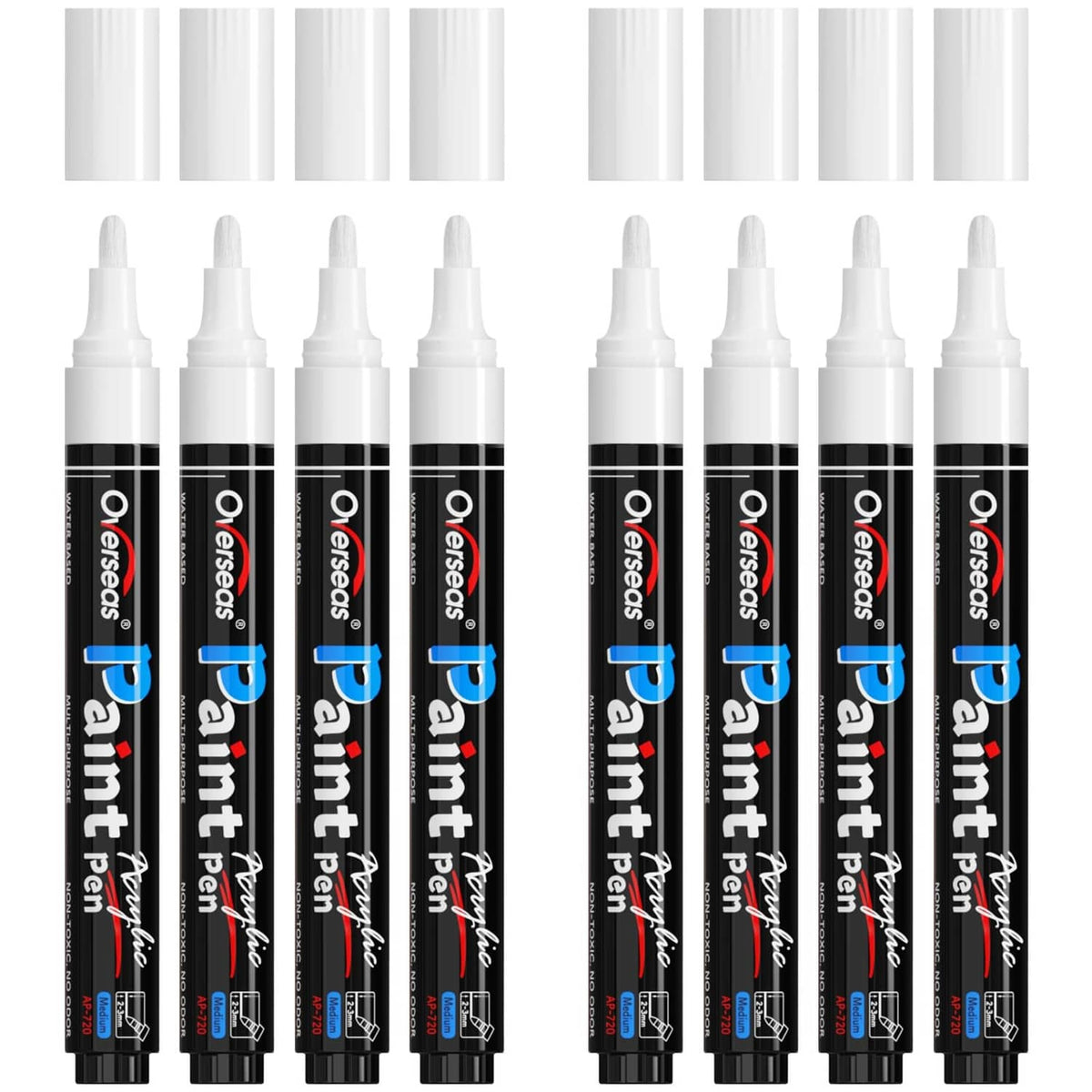 Overseas acrylic paint markers, white 8-pack with chisel tips in tubes