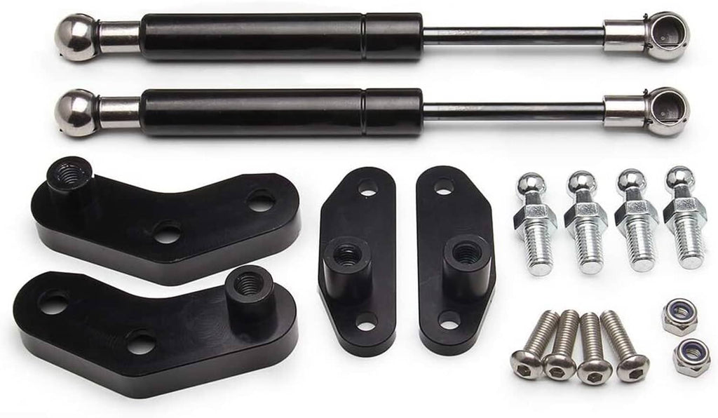 Door strut kit components: black brackets, chrome rods, bolts and nuts