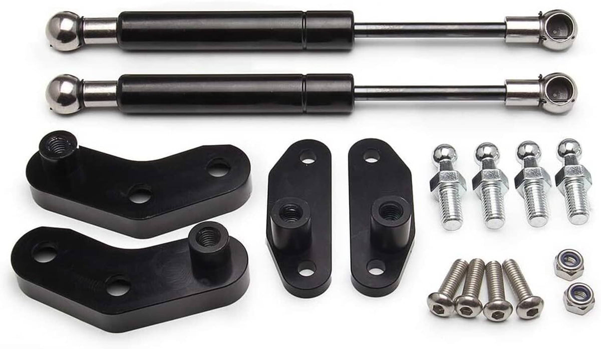 Door strut kit components: black brackets, chrome rods, bolts and nuts