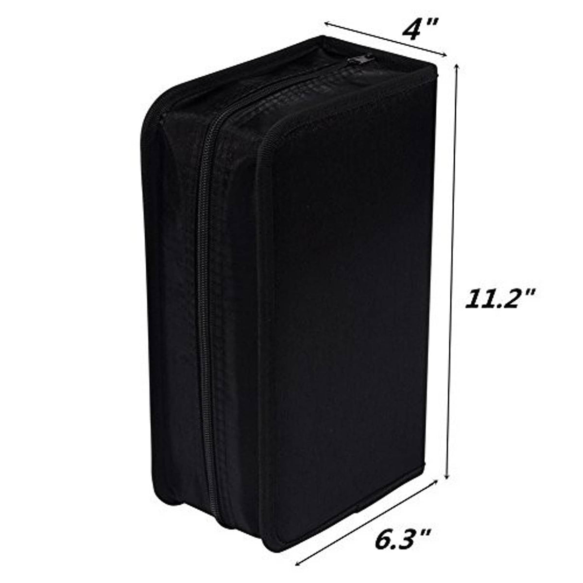 Black CD/DVD storage wallet with zippered closure and reinforced spine, rectangular shape.