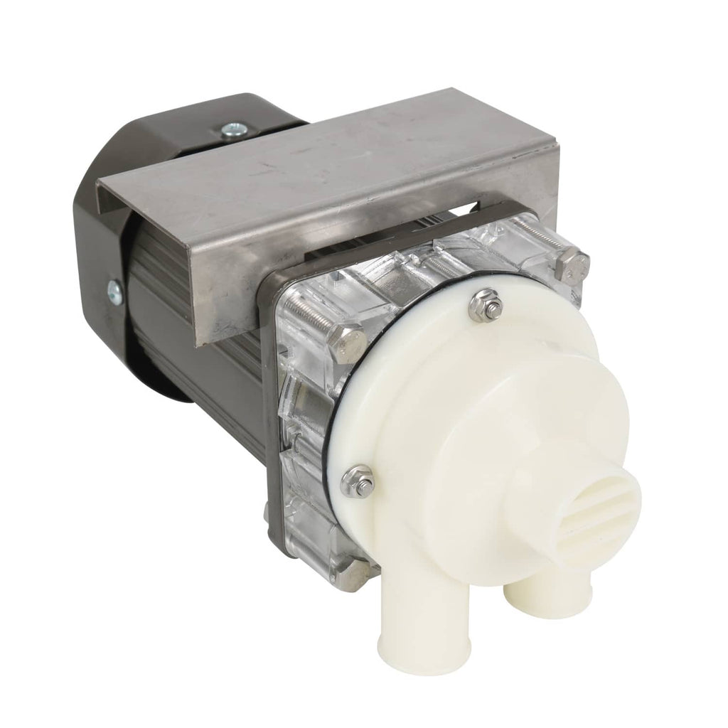 Ice machine water pump motor assembly with gray metal body and round white outlet