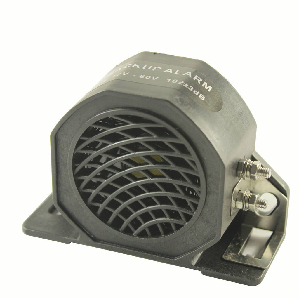 Backup alarm buzzer horn, angled view with front speaker grille and mounting base