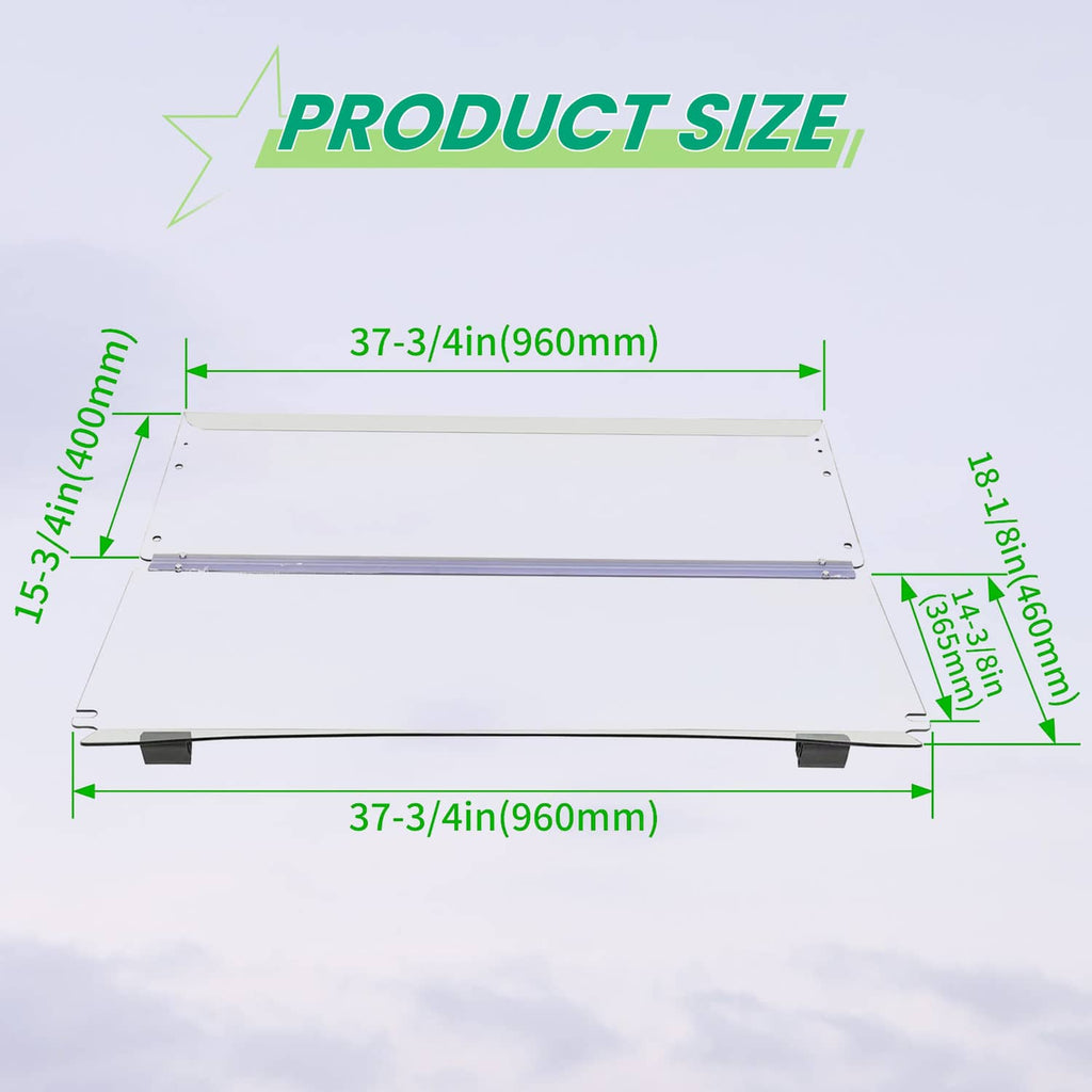 White product size diagram for clear windshield panel with mounting bars