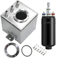Aluminum fuel surge tank with swirl inlet, AN fittings, and mounting bracket; includes external pump