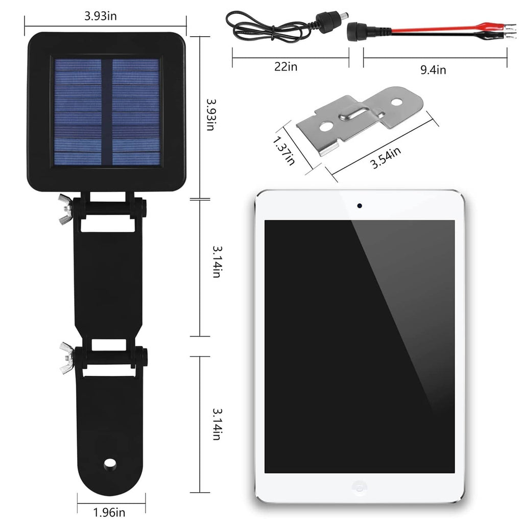 Square black solar panel with fold-out mount, cable set, and included bracket plates