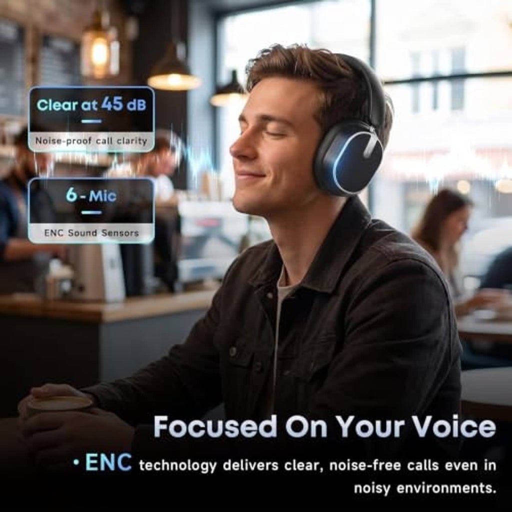 Black over-ear Bluetooth headphones worn by a person, with glowing earcup accents