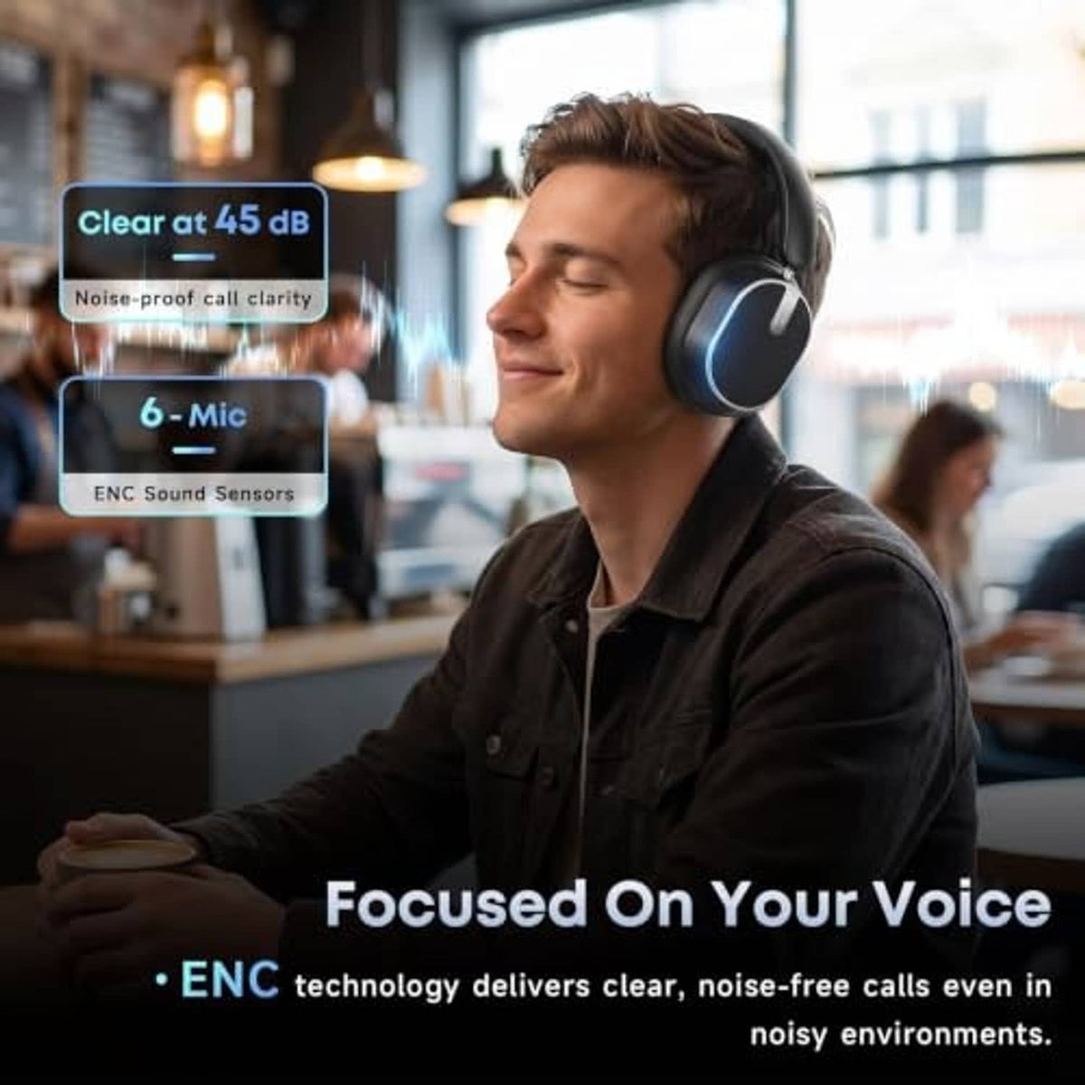 Black over-ear Bluetooth headphones worn by a person, with glowing earcup accents