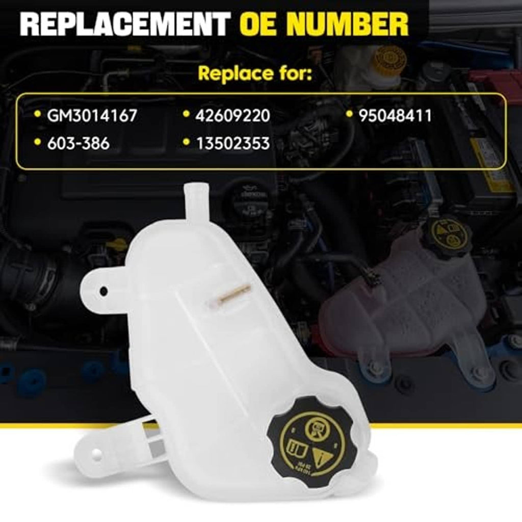 White coolant recovery tank replacement part with cap, mounting ears, and outlet tube