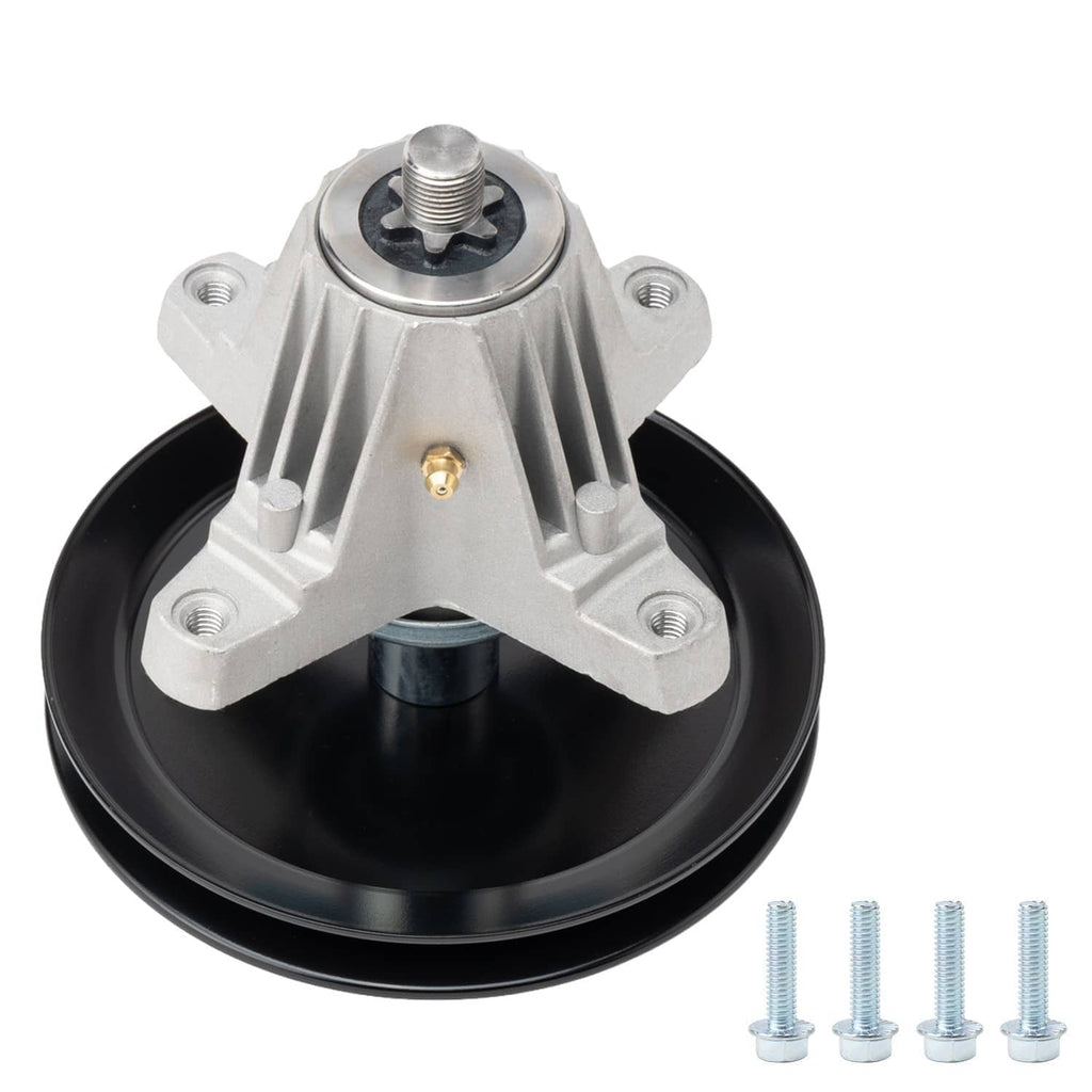 Deck spindle assembly with black pulley base, silver housing, and screws included
