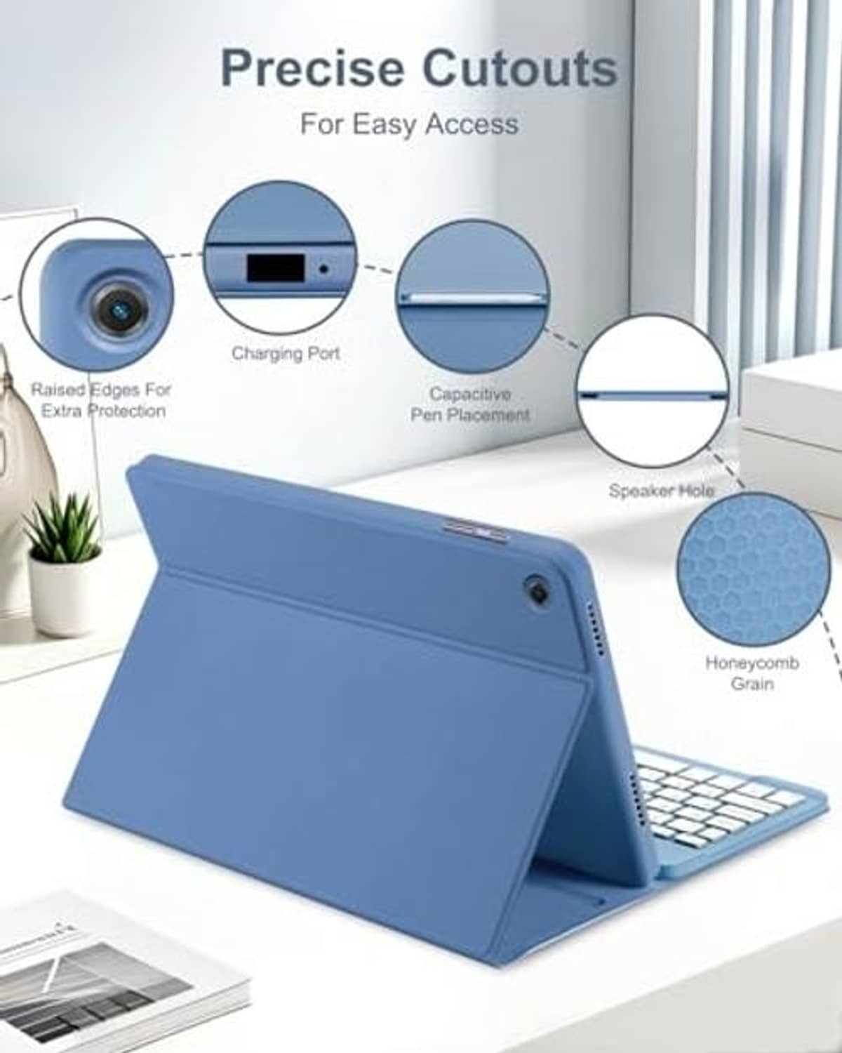Blue tablet case with precise cutouts, camera opening, and speaker cutout details