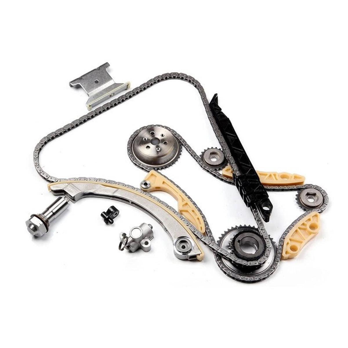 Timing chain kit with chain, sprockets, guides, tensioner rail, and mounting hardware