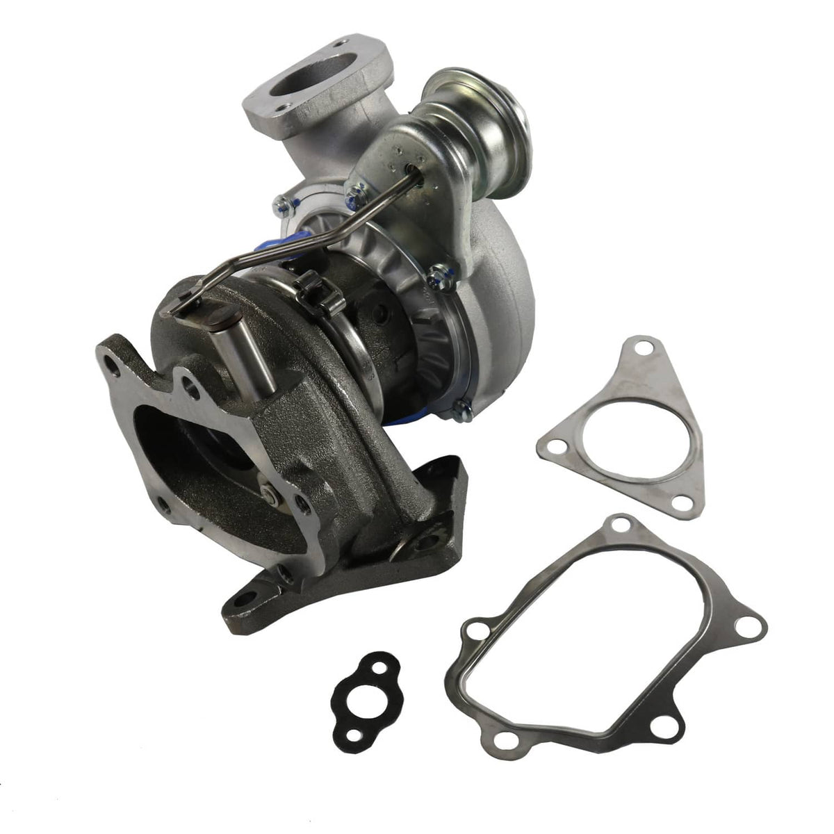 Turbocharger with silver inlet and manifold flanges, plus oval gasket seals