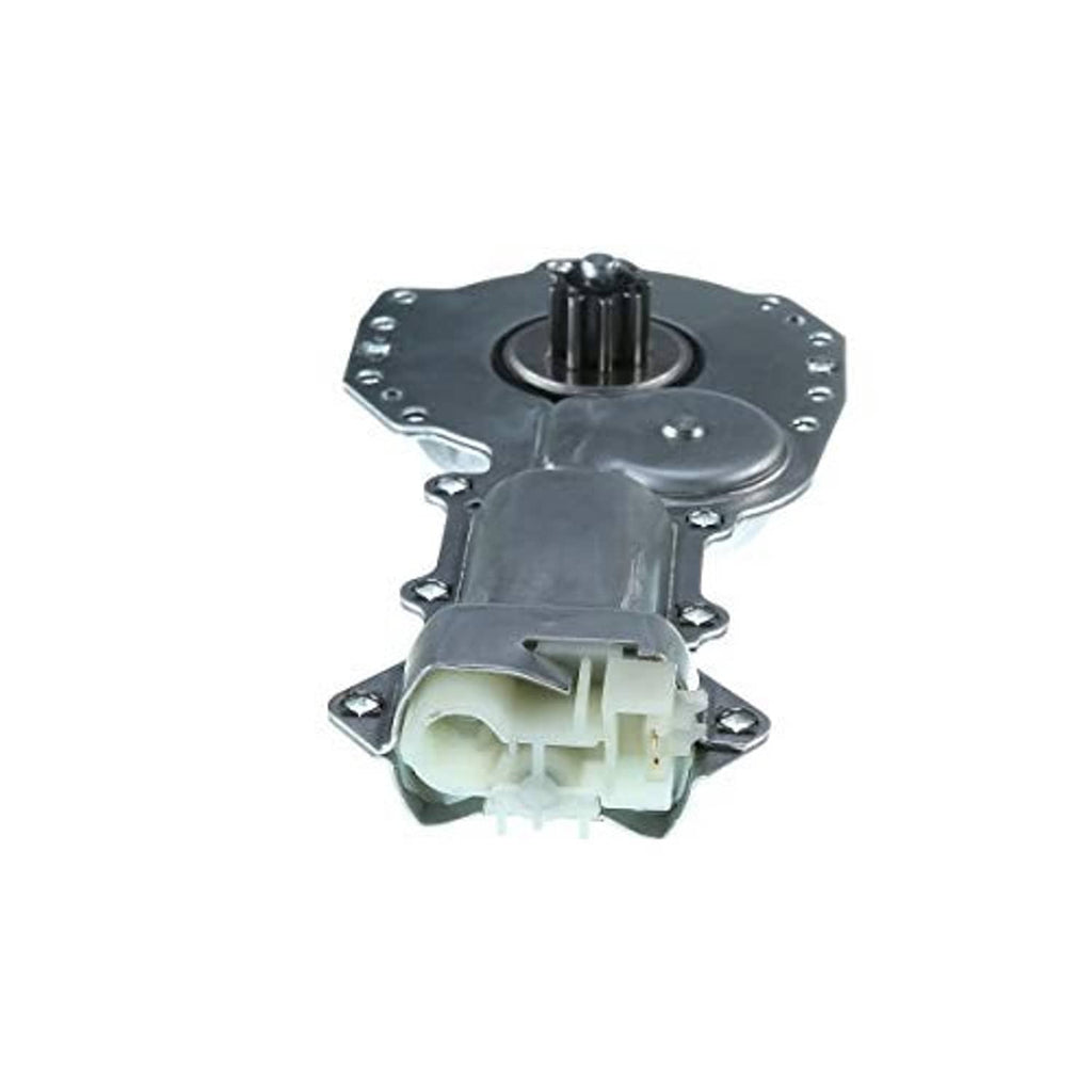 Front power window motor with gray housing and white connector, close-up