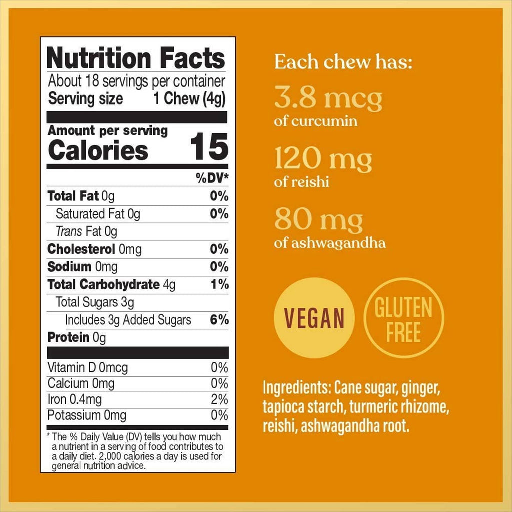 Nutrition Facts card with each chew amounts and vegan, gluten-free badges