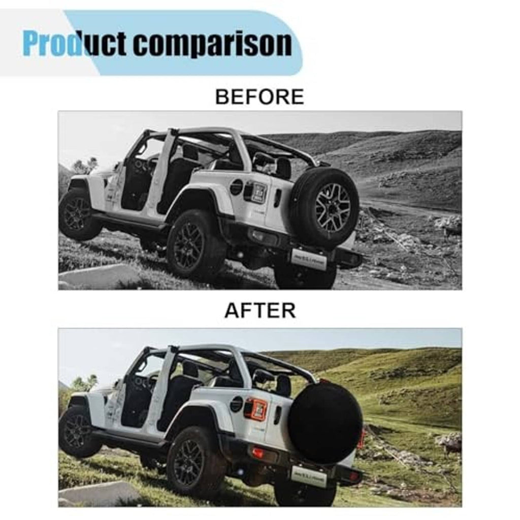 Black spare tire cover fitted on rear of vehicle, before-and-after view