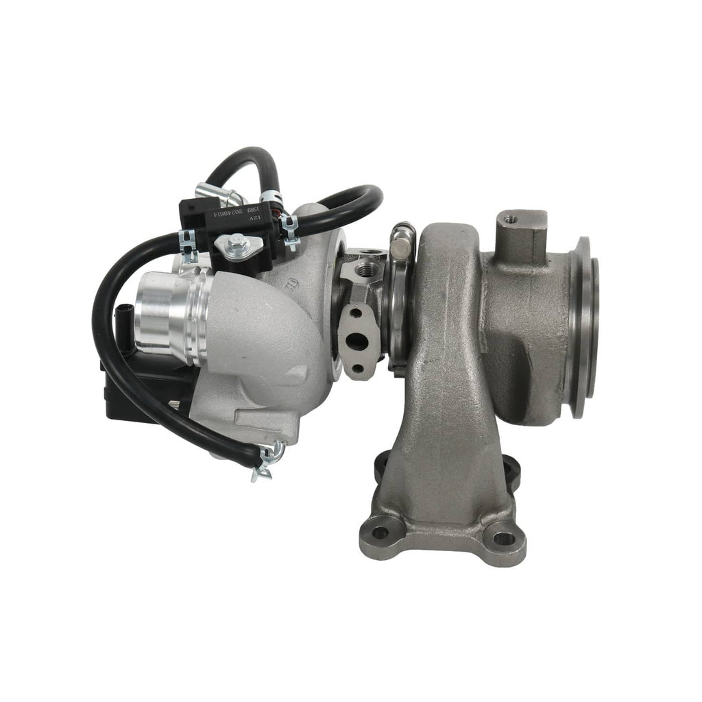 Turbocharger with metallic housing, black power wiring, and flange mounting points