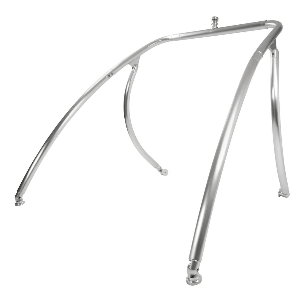 Silver aluminum wakeboard tower with arched frame and four adjustable mounting legs