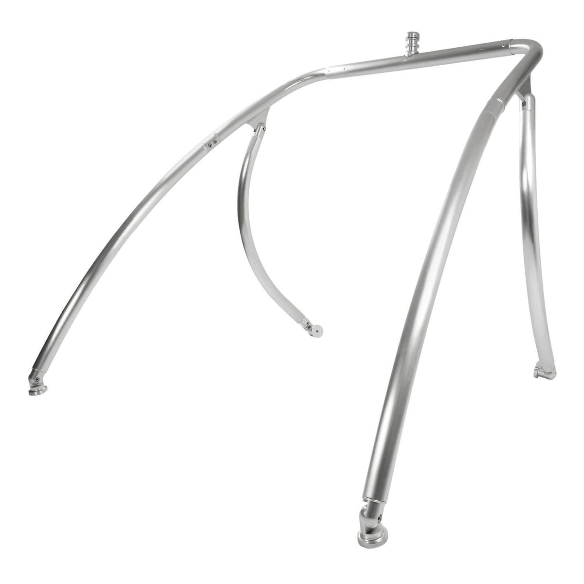 Silver aluminum wakeboard tower with arched frame and four adjustable mounting legs